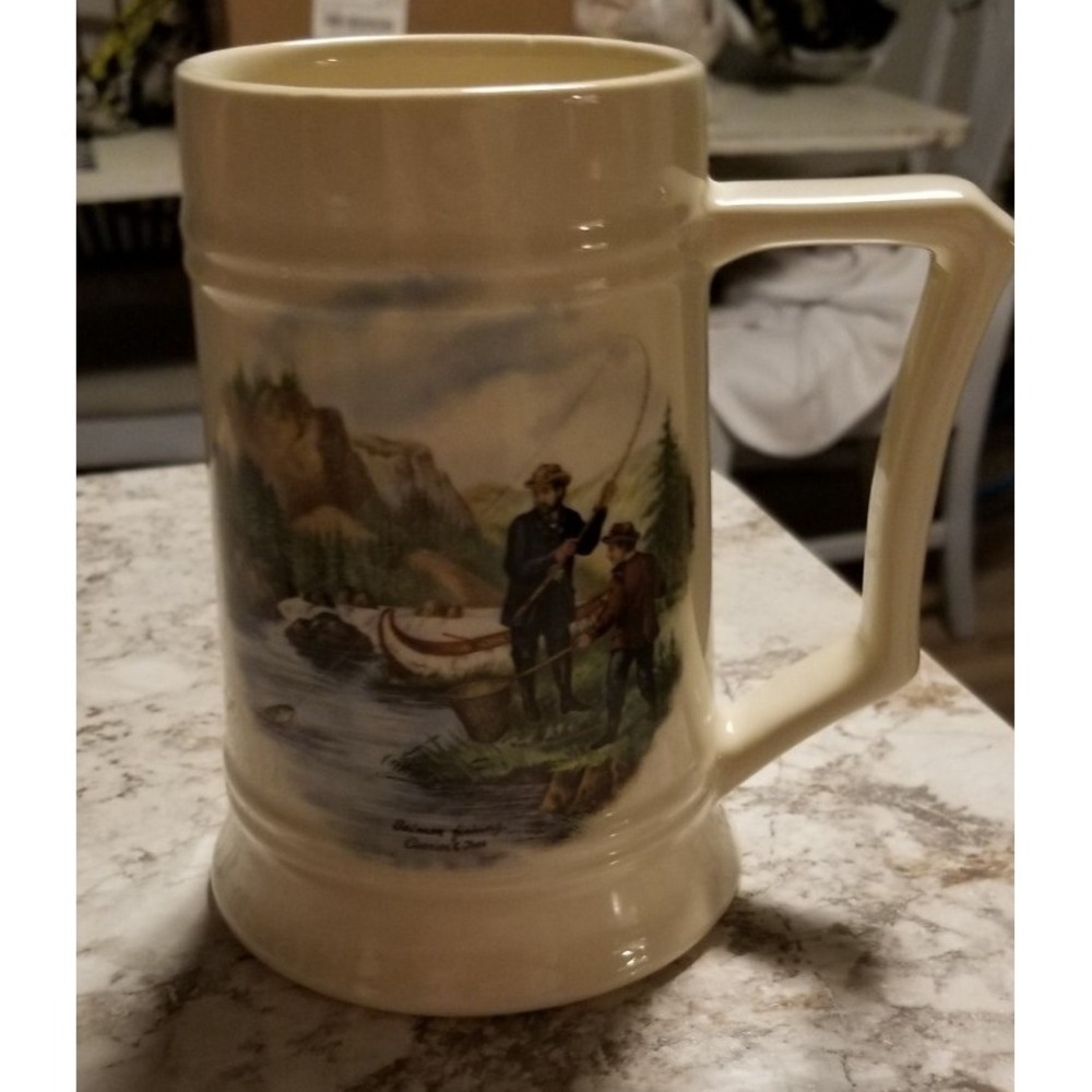 Currier and Ives Beer Stein Mug Salmon Fishing